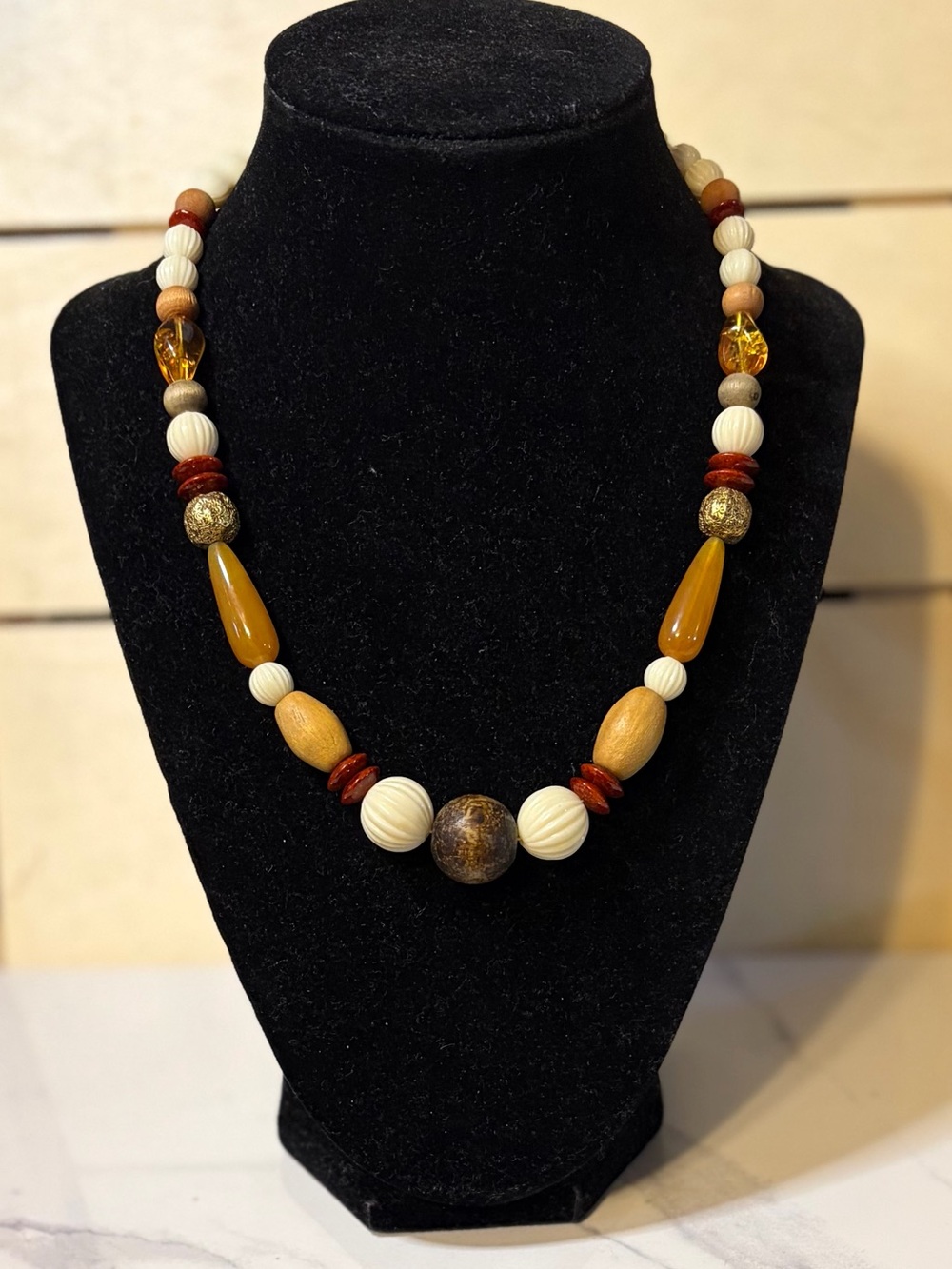 Amber & Cream Mixed Media Statement Necklace